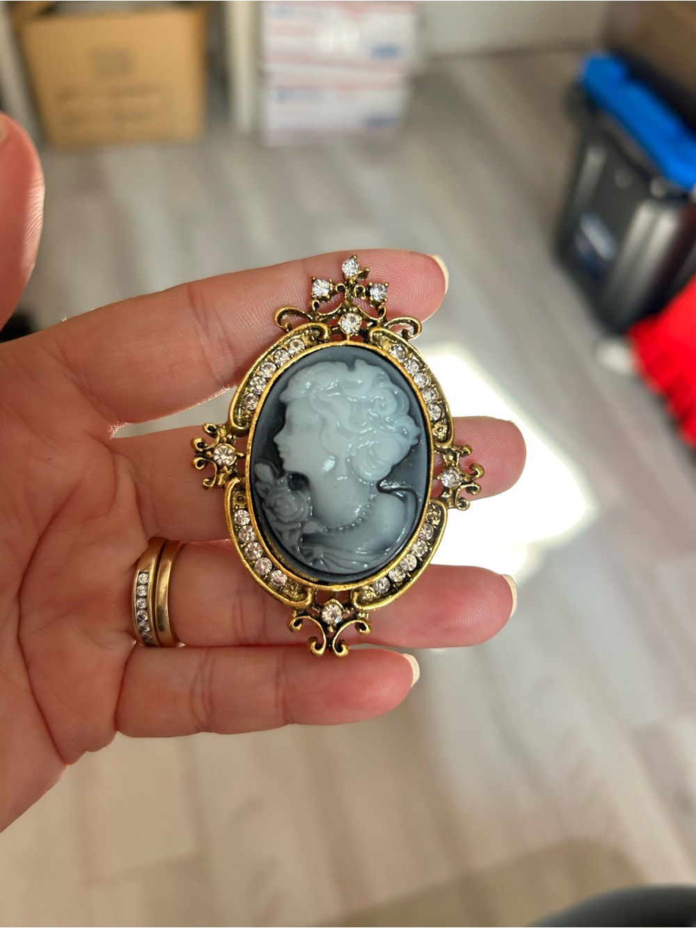 4/$100 Vintage Gold-Tone Cameo Brooch with Gray Cameo and Crystal Accents